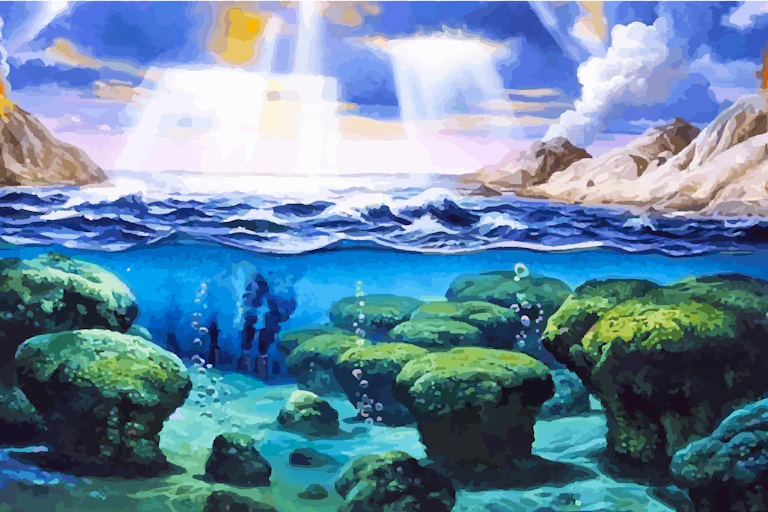 Painting of early Early, deep sea vents and volcanic explosions