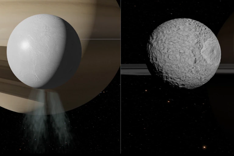 À gauche, une vue sur le satelitte Encelade, à la surface lisse. À droite, Mimas a au contraire une surface très accidentée et recouverte de cratères.