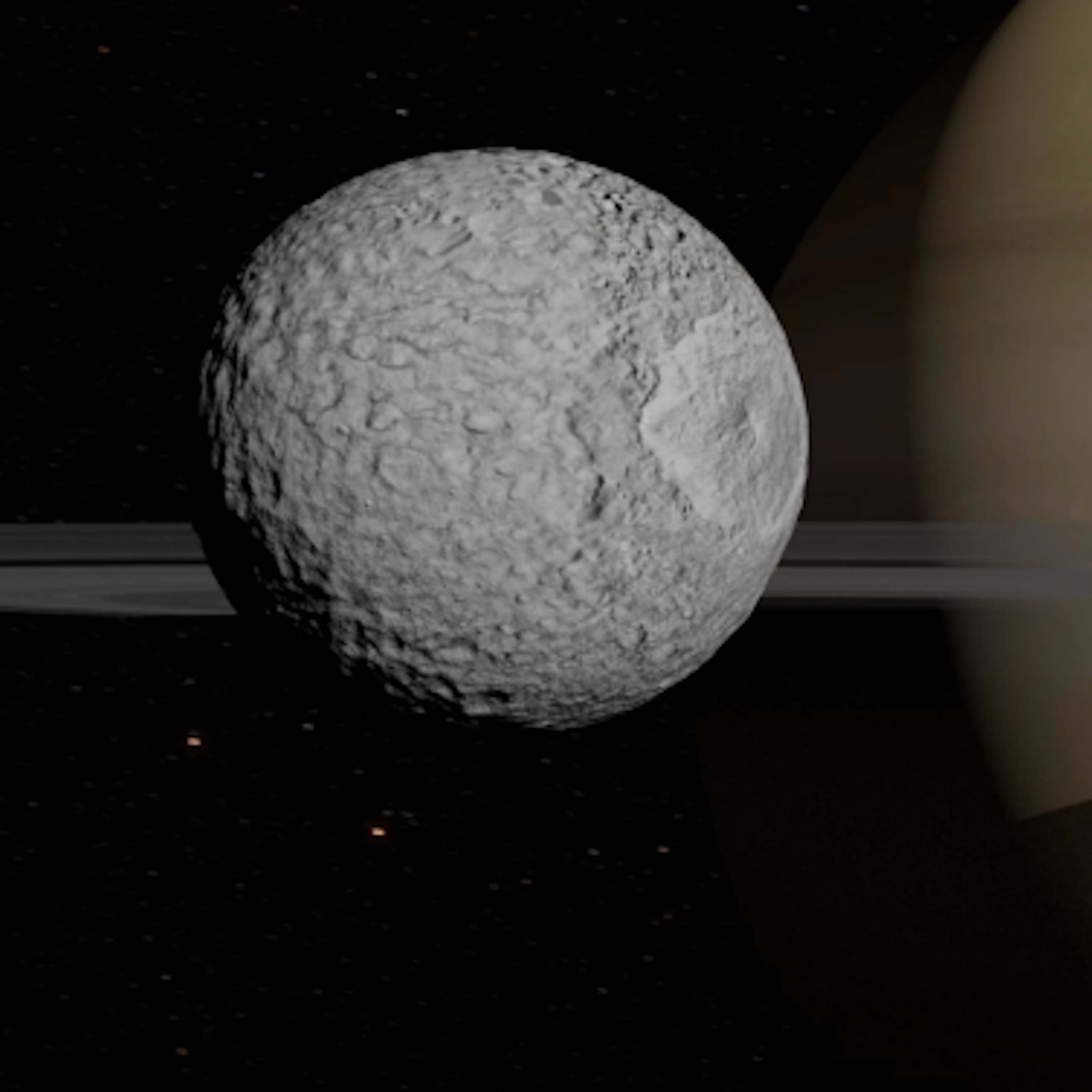À gauche, une vue sur le satelitte Encelade, à la surface lisse. À droite, Mimas a au contraire une surface très accidentée et recouverte de cratères.