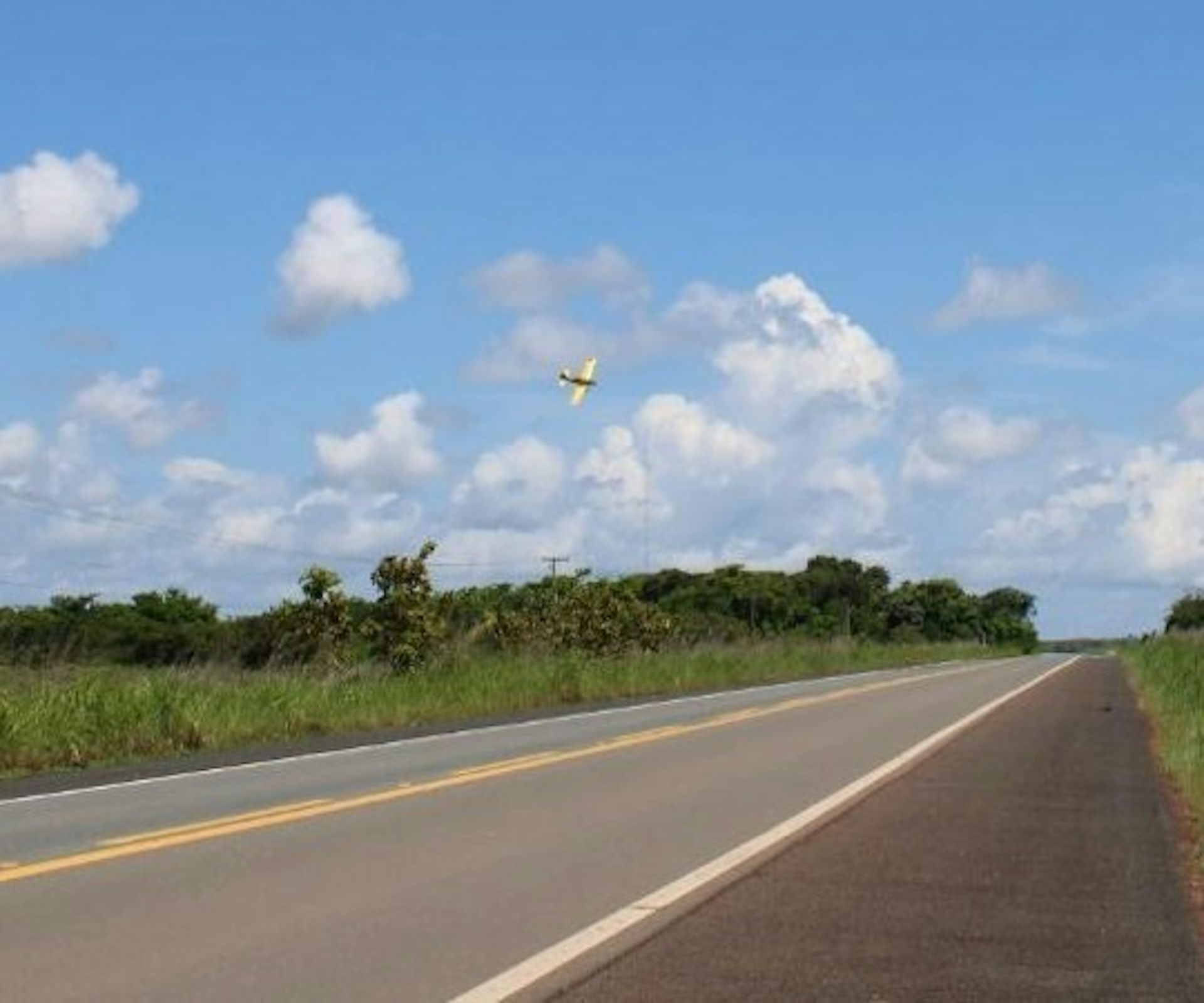 Foto mostra rodovia cercada por lavoura. No céu, vê-se um avião, que está pulverizando agrotóxicos