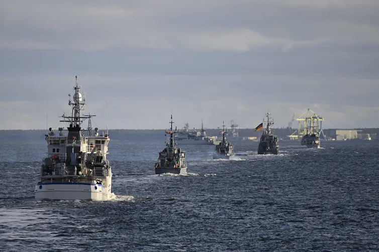Finnish navy ships sailing in the Baltic Sea as part of a navy exercise.