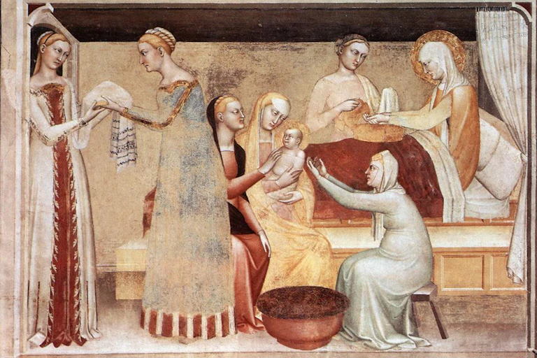 Pintura medieval en la que una mujer da a luz a un bebé, rodeada de más mujeres.