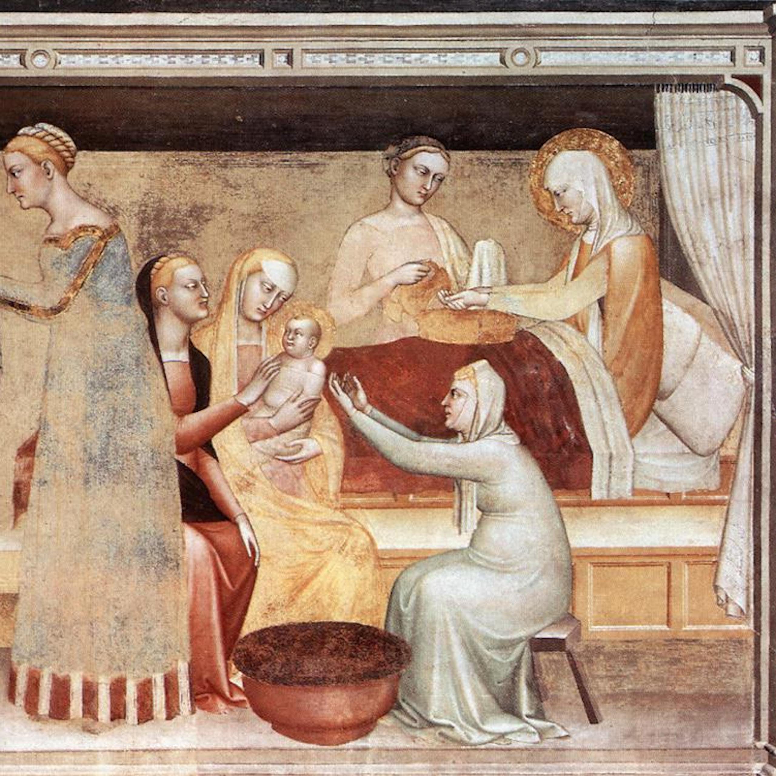 Pintura medieval en la que una mujer da a luz a un bebé, rodeada de más mujeres.