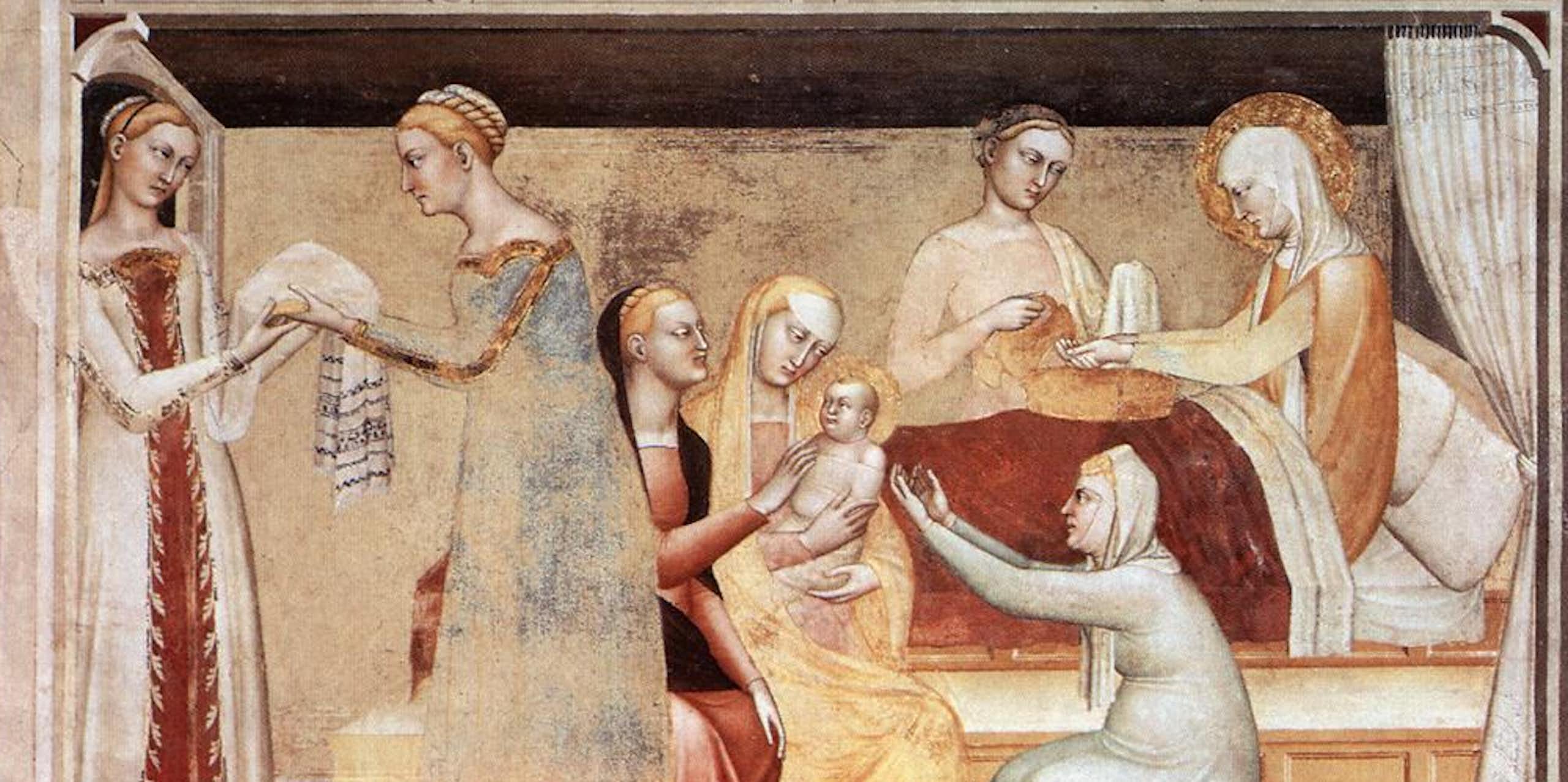 Pintura medieval en la que una mujer da a luz a un bebé, rodeada de más mujeres.