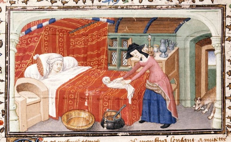 Pintura de una mujer tumbada y tapada en la cama después de dar a luz mientras otra mujer abriga a un bebé.