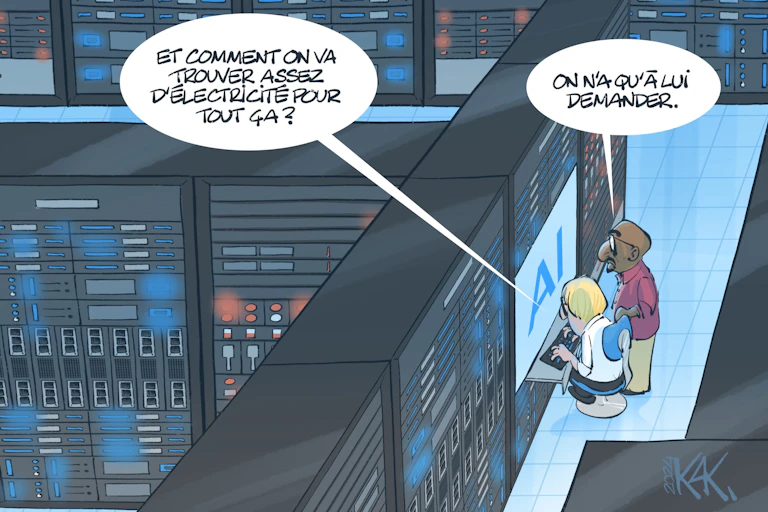 Deux personnages dans un data center qui fait tourner une IA. "Et comment on va trouver assez d'électricité pour tout ça ? - On n'a quà lui demander."
