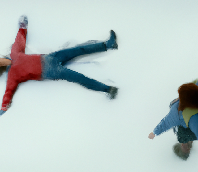 Um homem deitado, aparentemente morto, na neve e uma pessoa que o observa