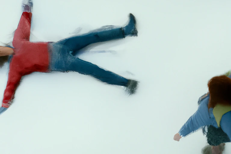 Um homem deitado, aparentemente morto, na neve e uma pessoa que o observa