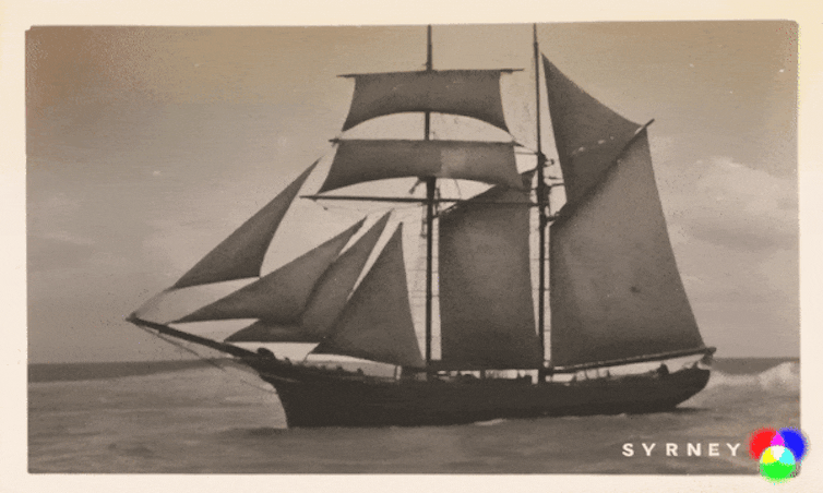A historical photo of a ship that has been AI animated to appear like it is moving.