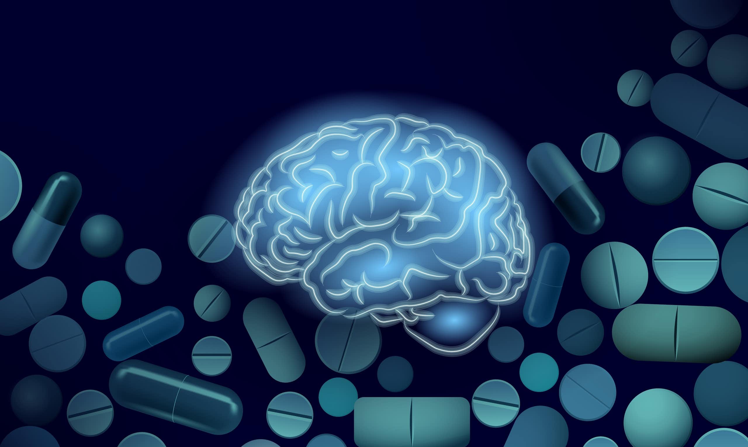 Blue illustration of brain on background of pills and capsules