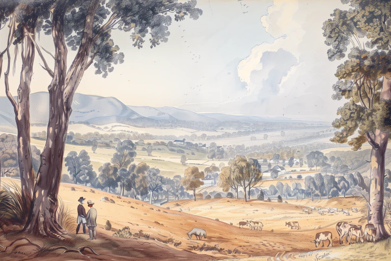 A 19th century style watercolour image of a lush valley with fields and eucalypts