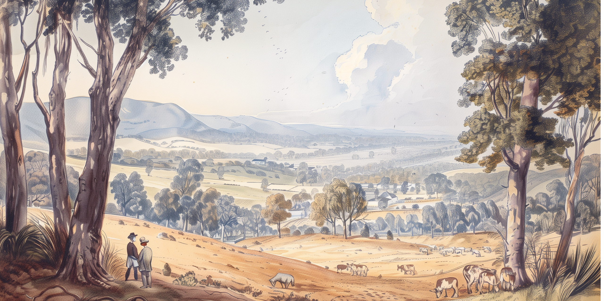 A 19th century style watercolour image of a lush valley with fields and eucalypts