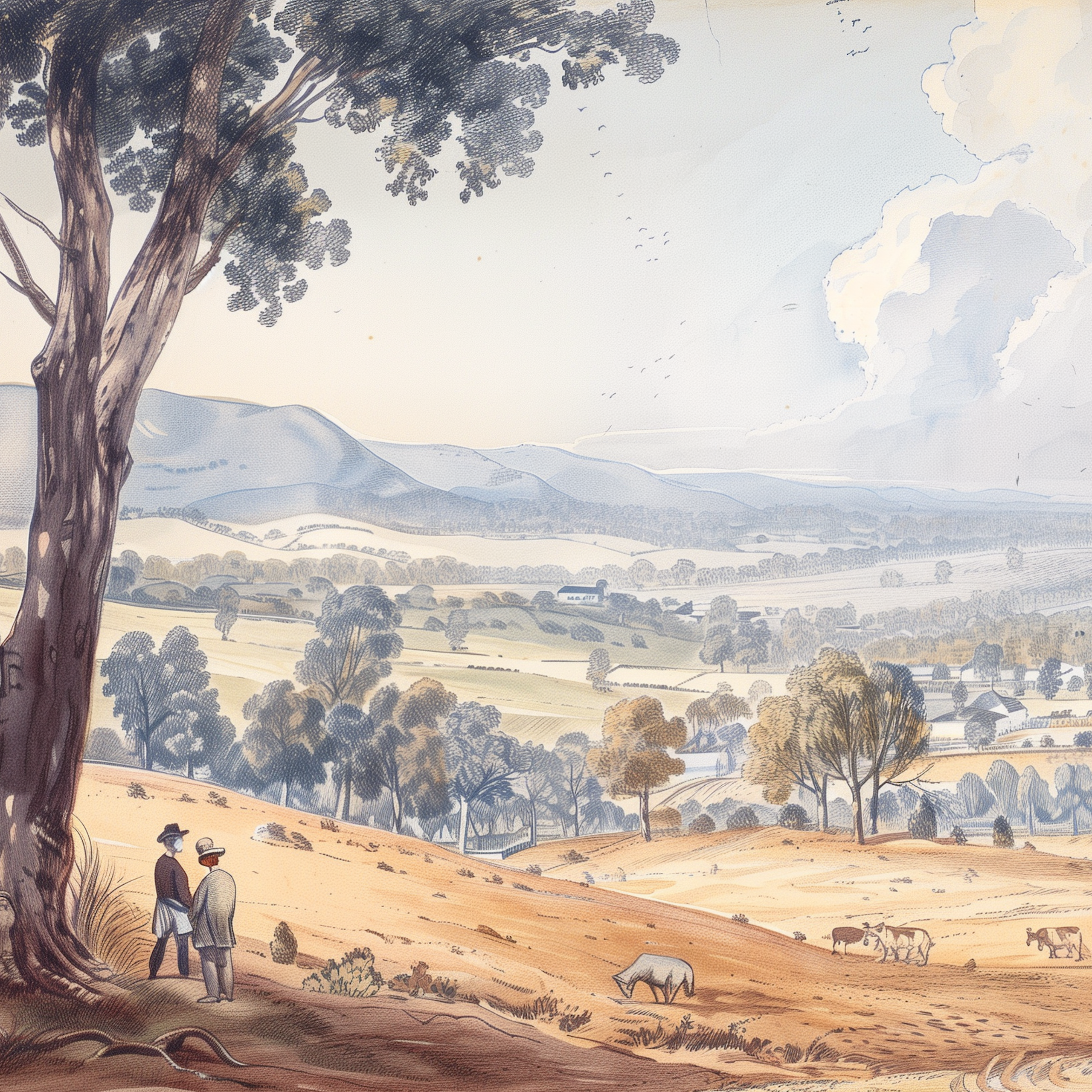 A 19th century style watercolour image of a lush valley with fields and eucalypts