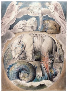 A faded illustration with a blue background depicting angels, people and large, fantastical animals.