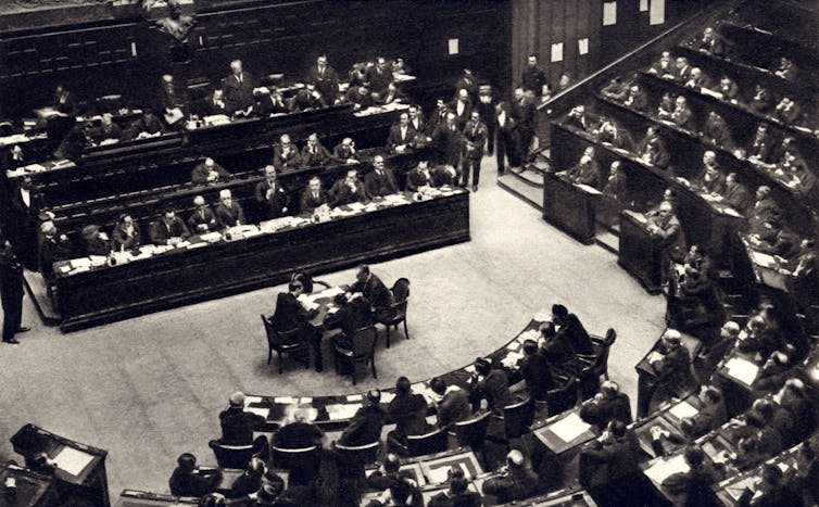 A view from above of the Italian parliament as the prime minister gives a speech