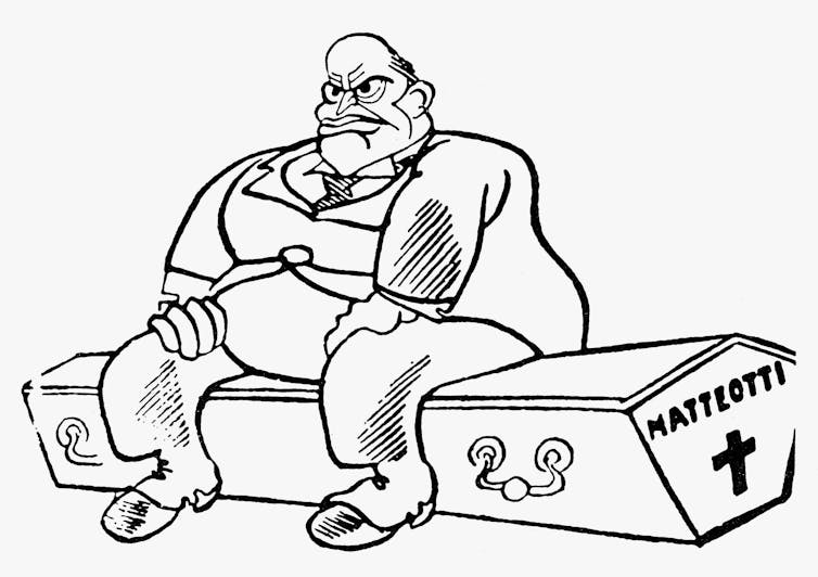 Caricatura de Benito Mussolini sentado en el ataúd de Matteotti