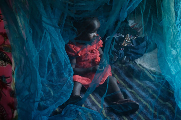 Young child behind a mosquito net