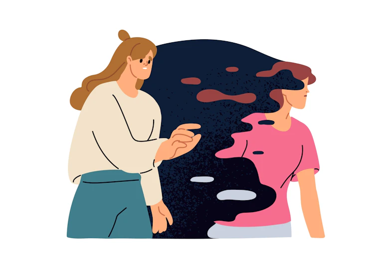 A drawing of a woman, who frowns as her friend gradually vanishes into the background.