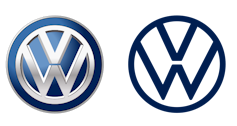 Imagen del logo de Volkswagen de 2012, más tridimensional, frente al nuevo logo, de 2019, con una estética más plana y _vintage_,
