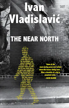 A book cover with an illustration of a street and a brick wall, a man walking past. His shape is filled with words as written in a book.