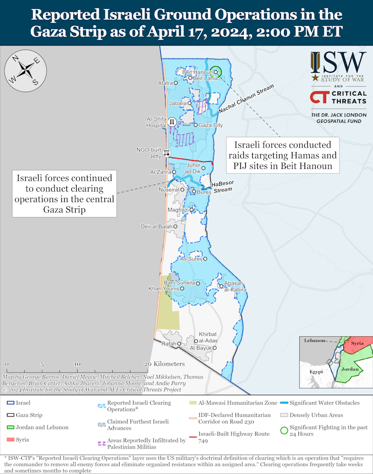 ISW map showing military activity on the Gaza Strip, April 17.