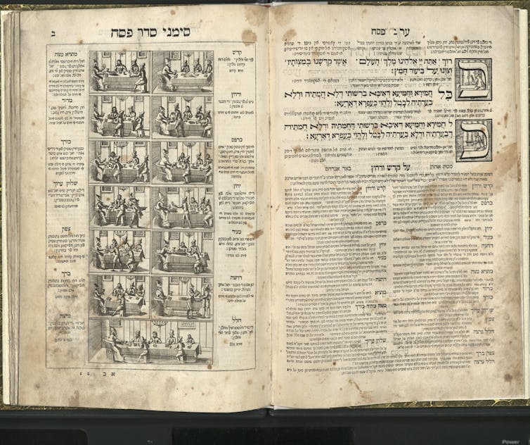 A yellowed book page with many detailed illustrations in back ink and text in Hebrew.