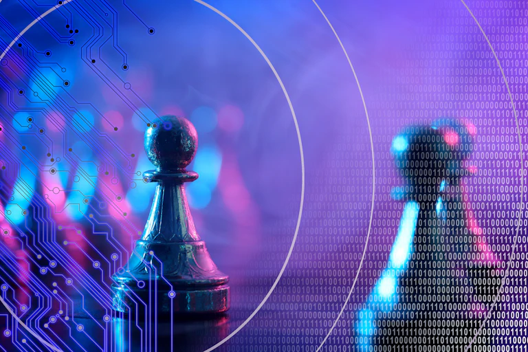 Chess pieces with a blue and purple screen behind them.