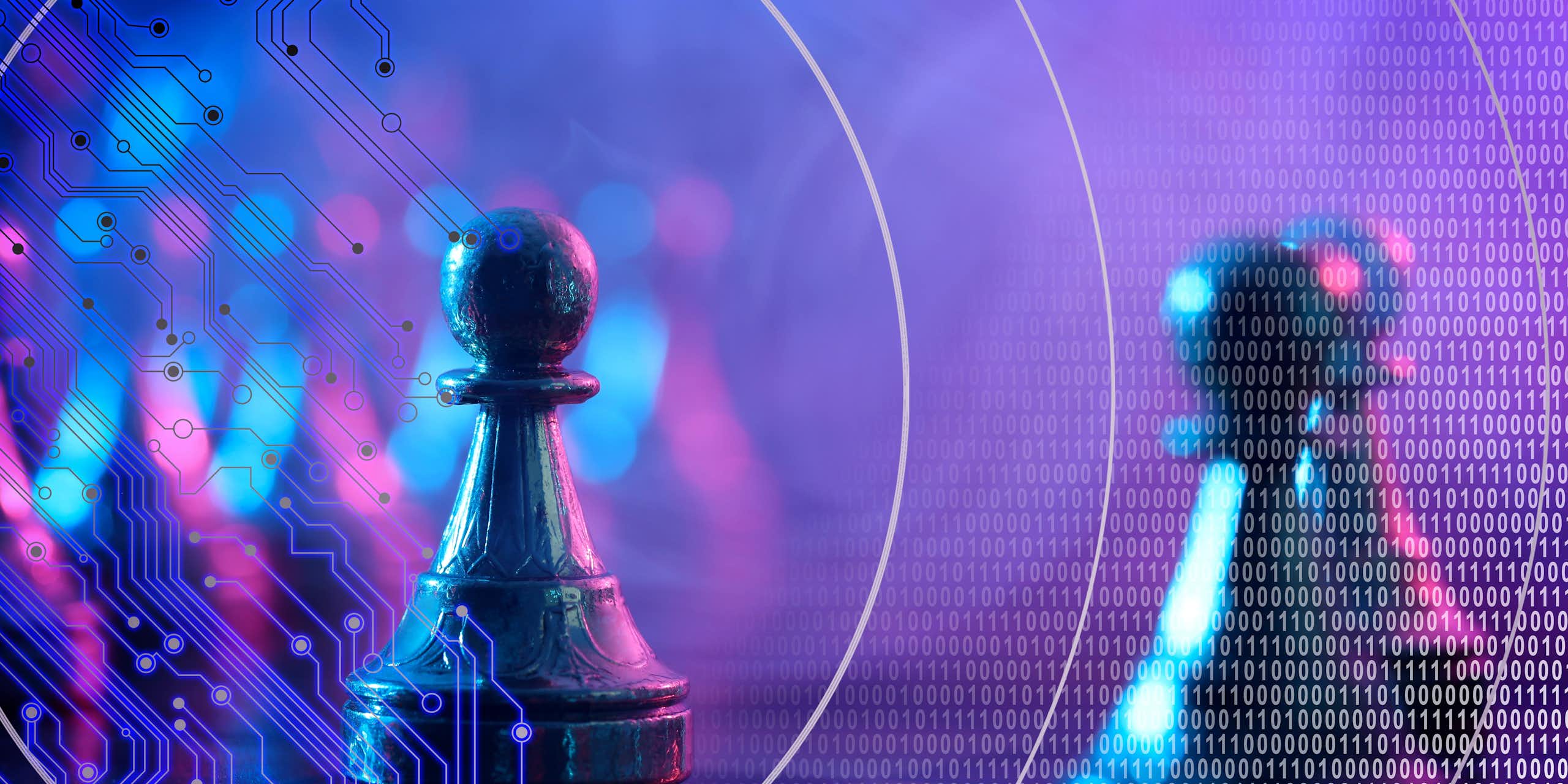 Chess pieces with a blue and purple screen behind them.