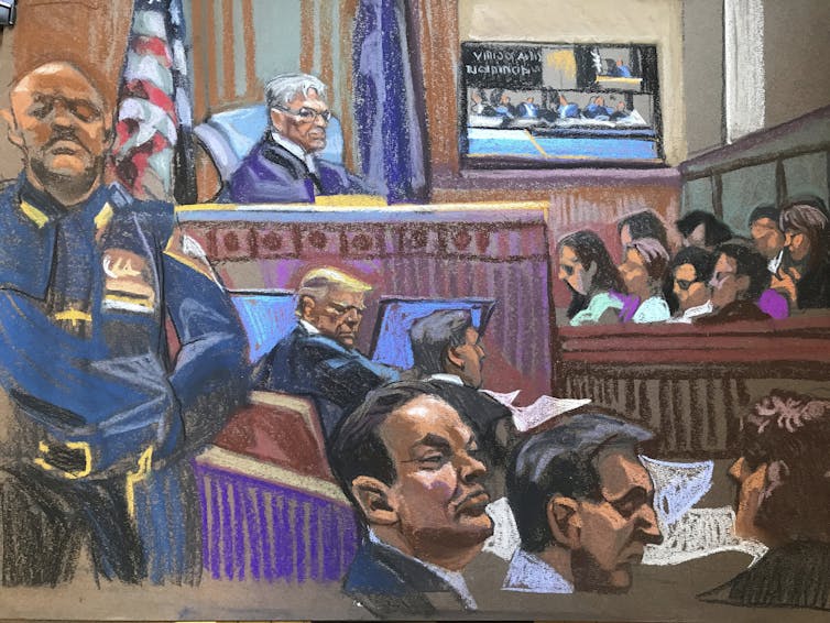 An artist's rendering of a courtroom scene.