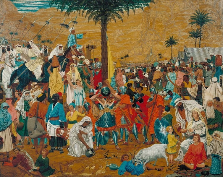 A colorful painting of a camp of people standing in a desert scene with a large palm tree.