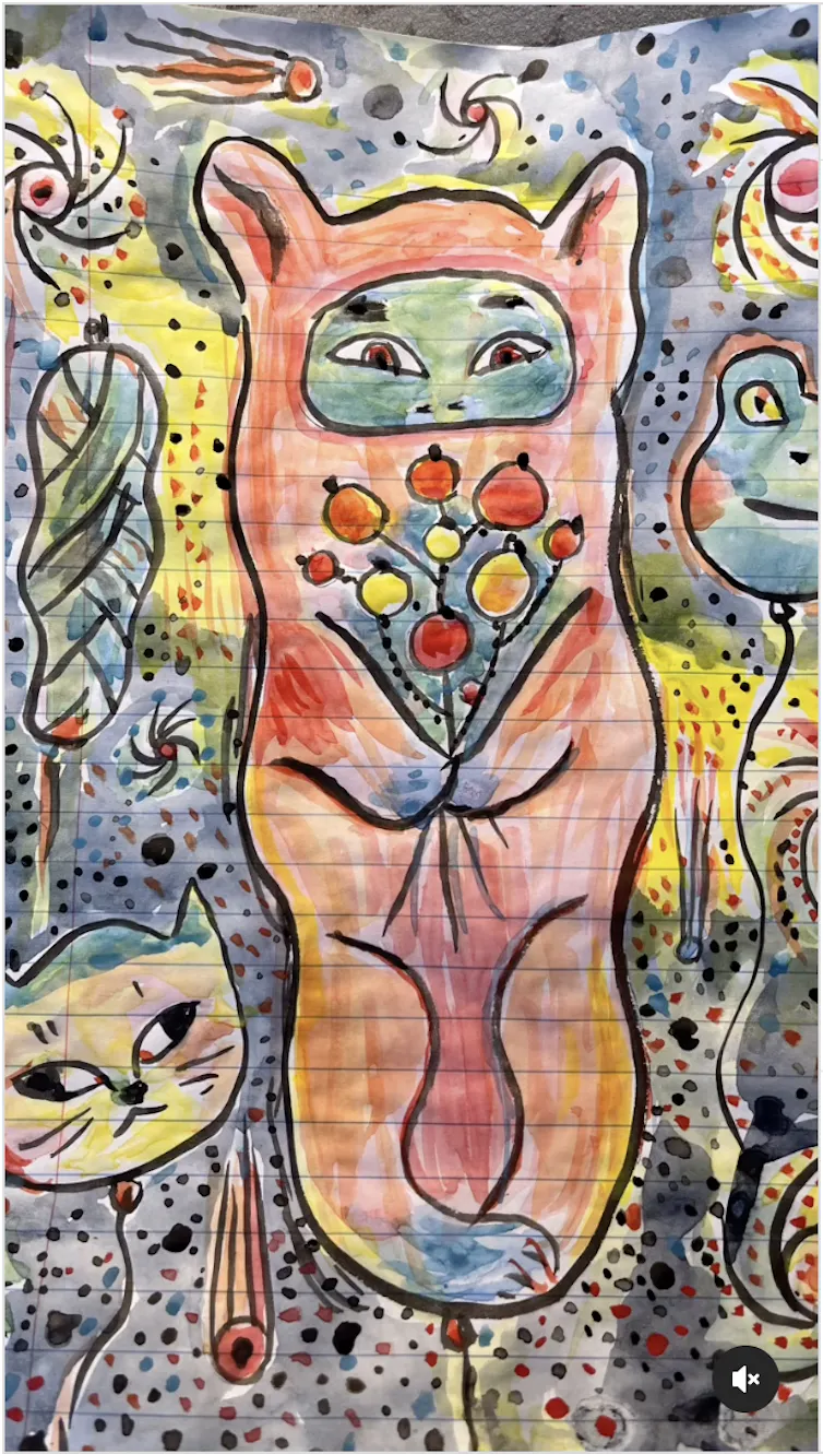 Painting of a colourful, oblong shaped balloon. The ballon is red in colour and has a green face painted onto it. It has ears and legs resembling a cat and it is holding a bundle of flowers. Surrounding it are other balloons of various shapes and sizes.