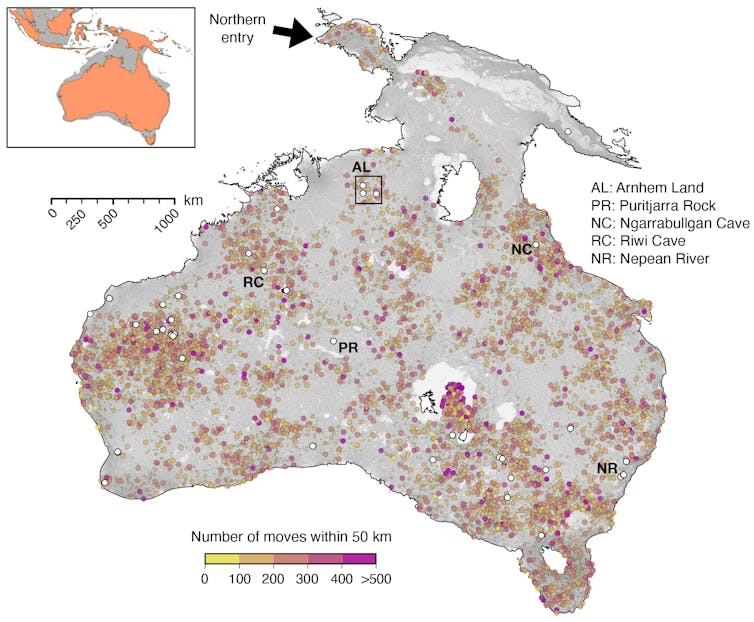 A detailed map of a landmass shaped like Australia with additional land in the north.