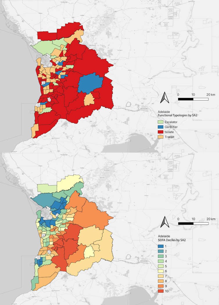 Maps of Adelaide showing locations of the 4 neighbourhood categories and their SEIFA score