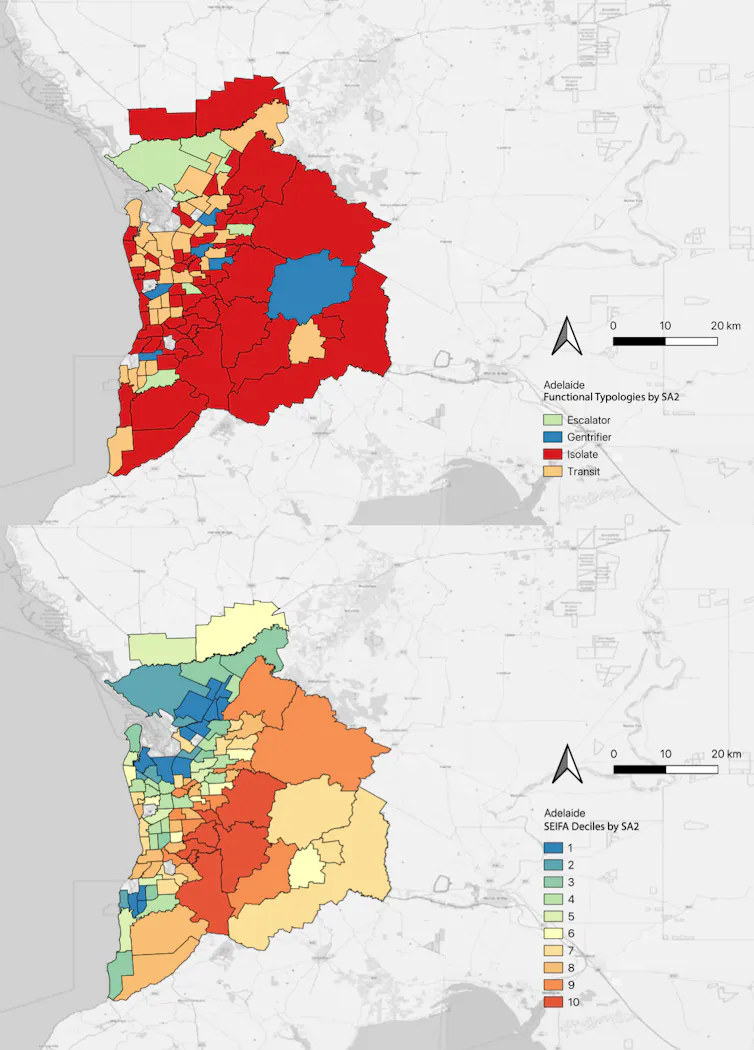Maps of Adelaide showing locations of the 4 neighbourhood categories and their SEIFA score