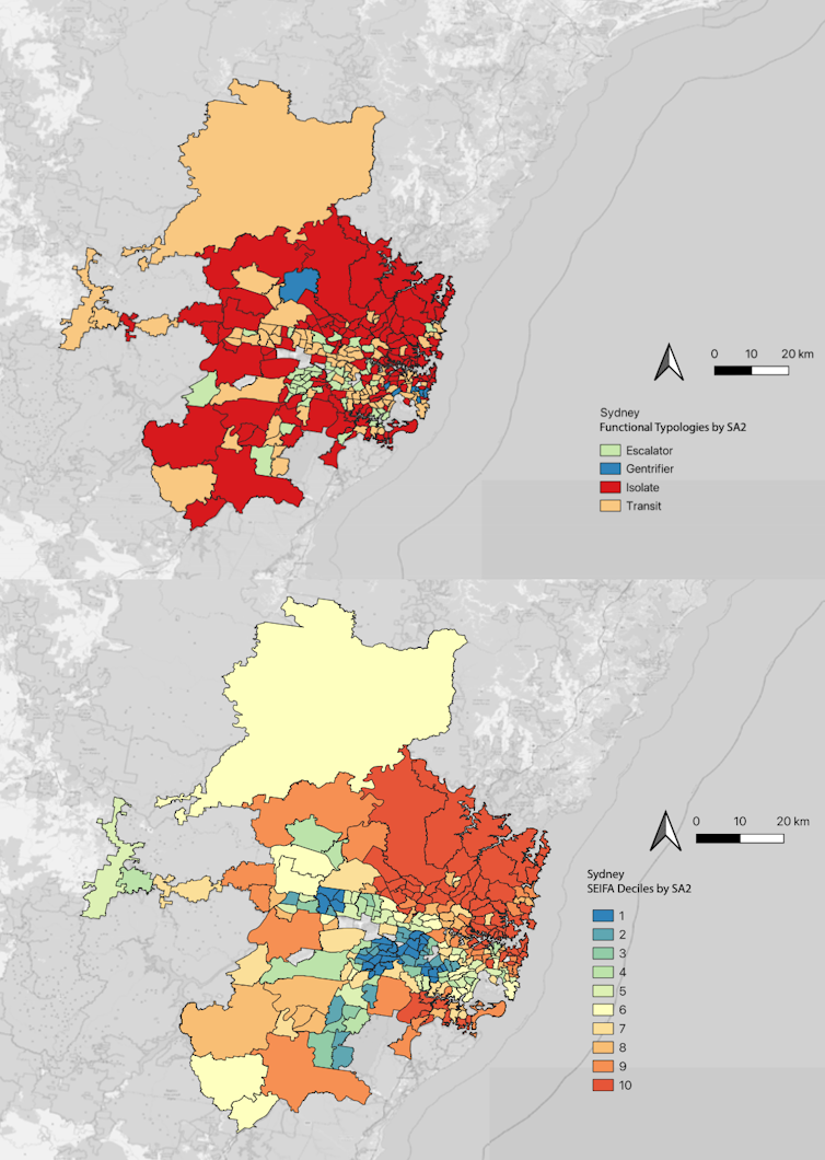 Maps of Sydney showing locations of the 4 neighbourhood categories and their SEIFA score