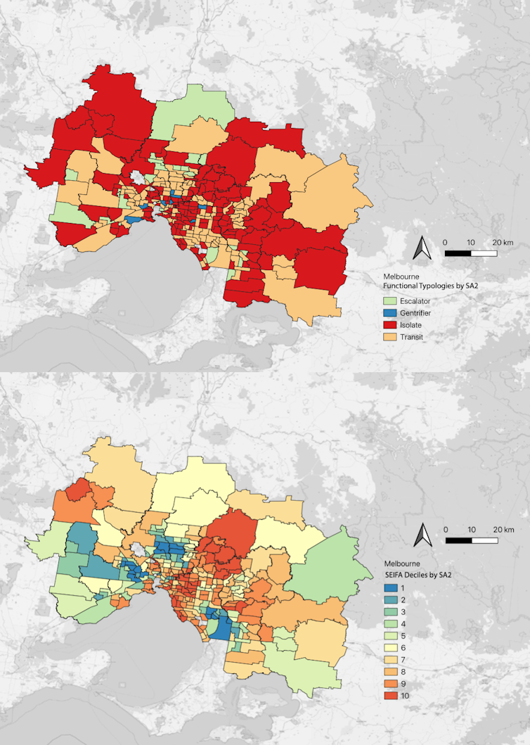 Maps of Melbourne showing locations of the 4 neighbourhood categories and their SEIFA score
