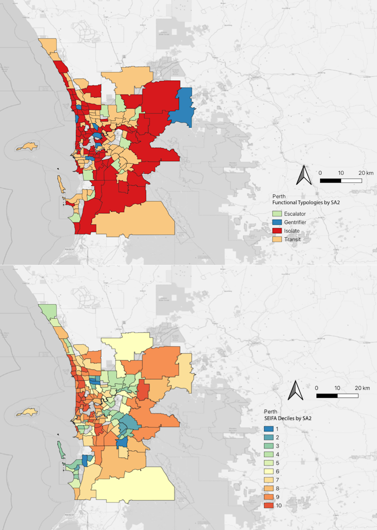 Maps of Perth showing locations of the 4 neighbourhood categories and their SEIFA score