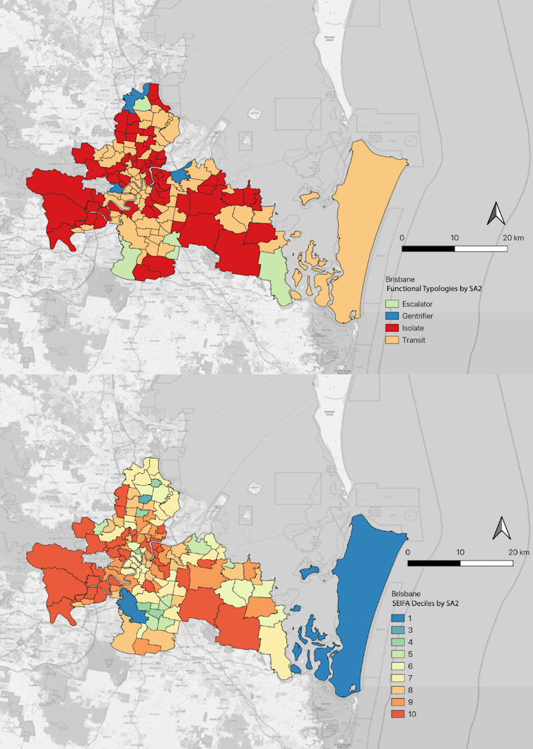 Maps of Brisbane showing locations of the 4 neighbourhood categories and their SEIFA score