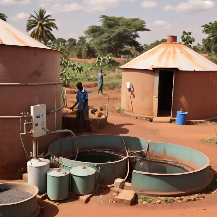 Two round dwellings set in a setting of red earth with a biogas plant in the foreground and a man operating it