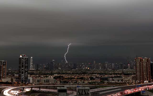 Lightning on skyline of large city