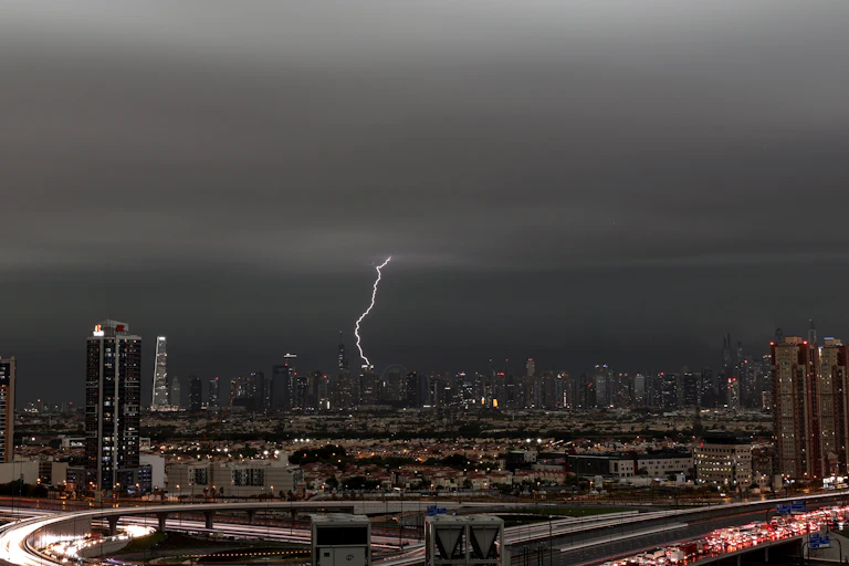Lightning on skyline of large city