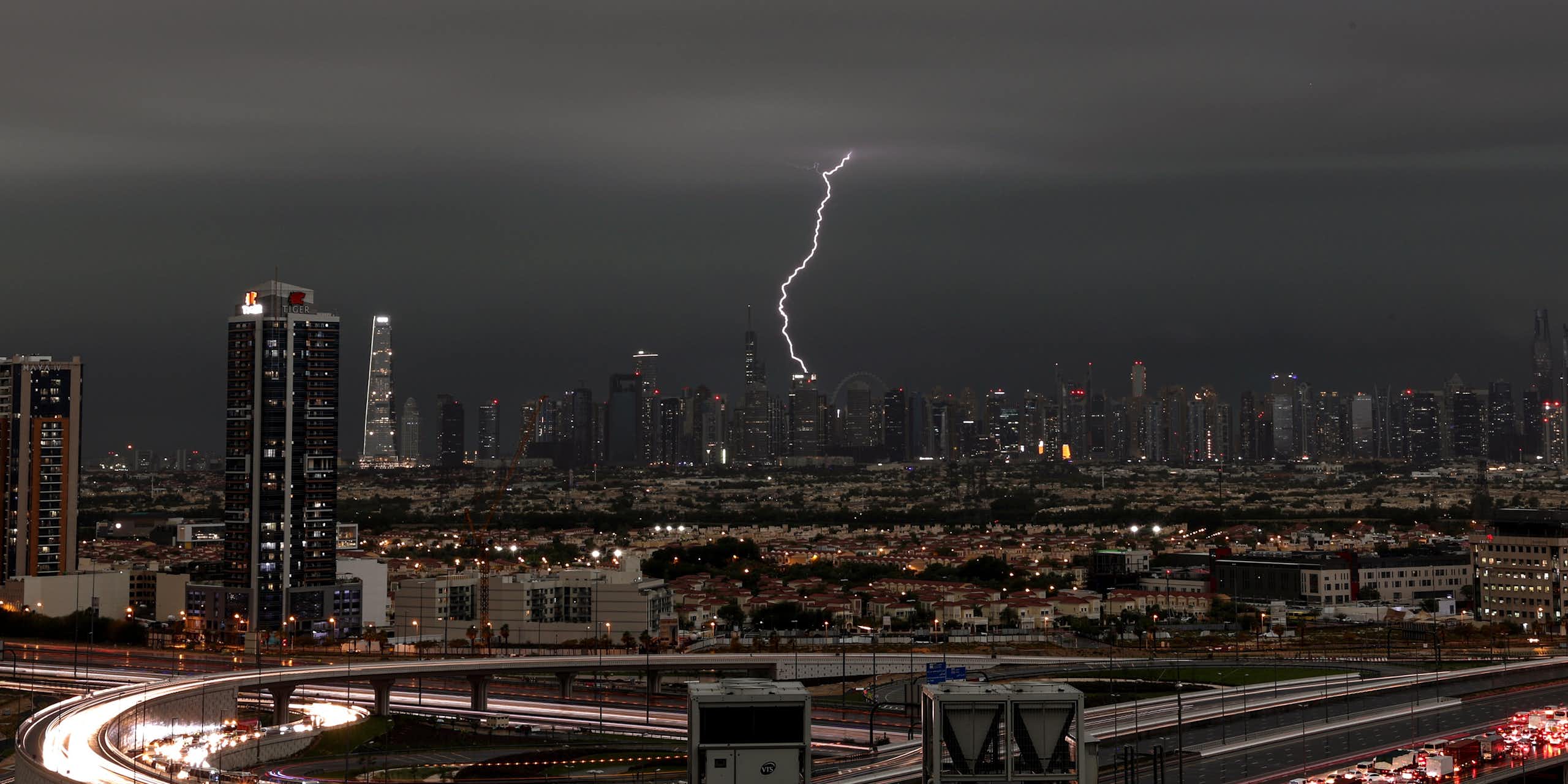 Lightning on skyline of large city