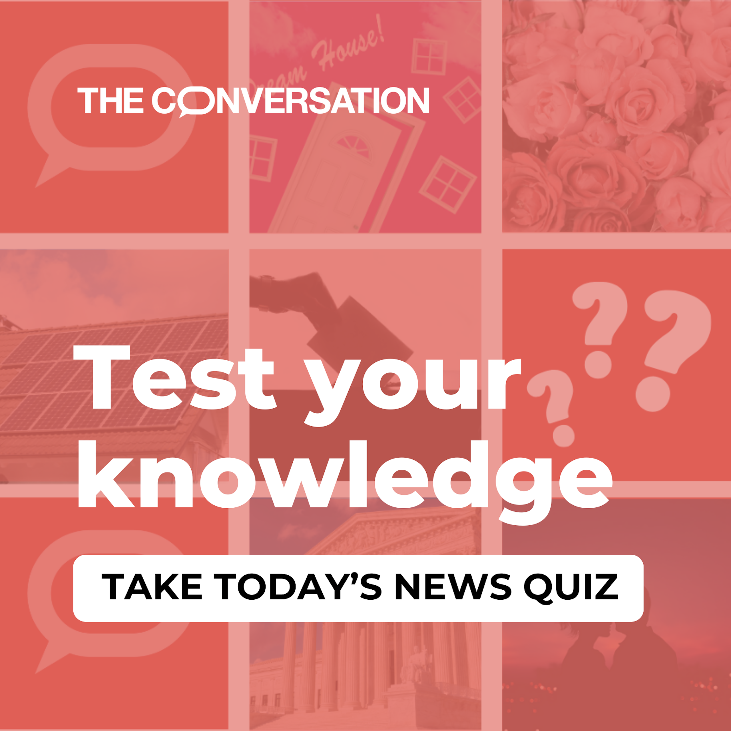 Graphic saying "Test your knowledge" with random images in a grid, including question marks
