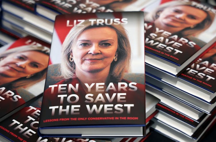 Copies of Liz Truss's book, Ten Years to Save the West.