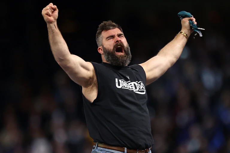 Former NFL player Jason Kelce reacts following a match during Night One of WrestleMania 40 in Philadelphia