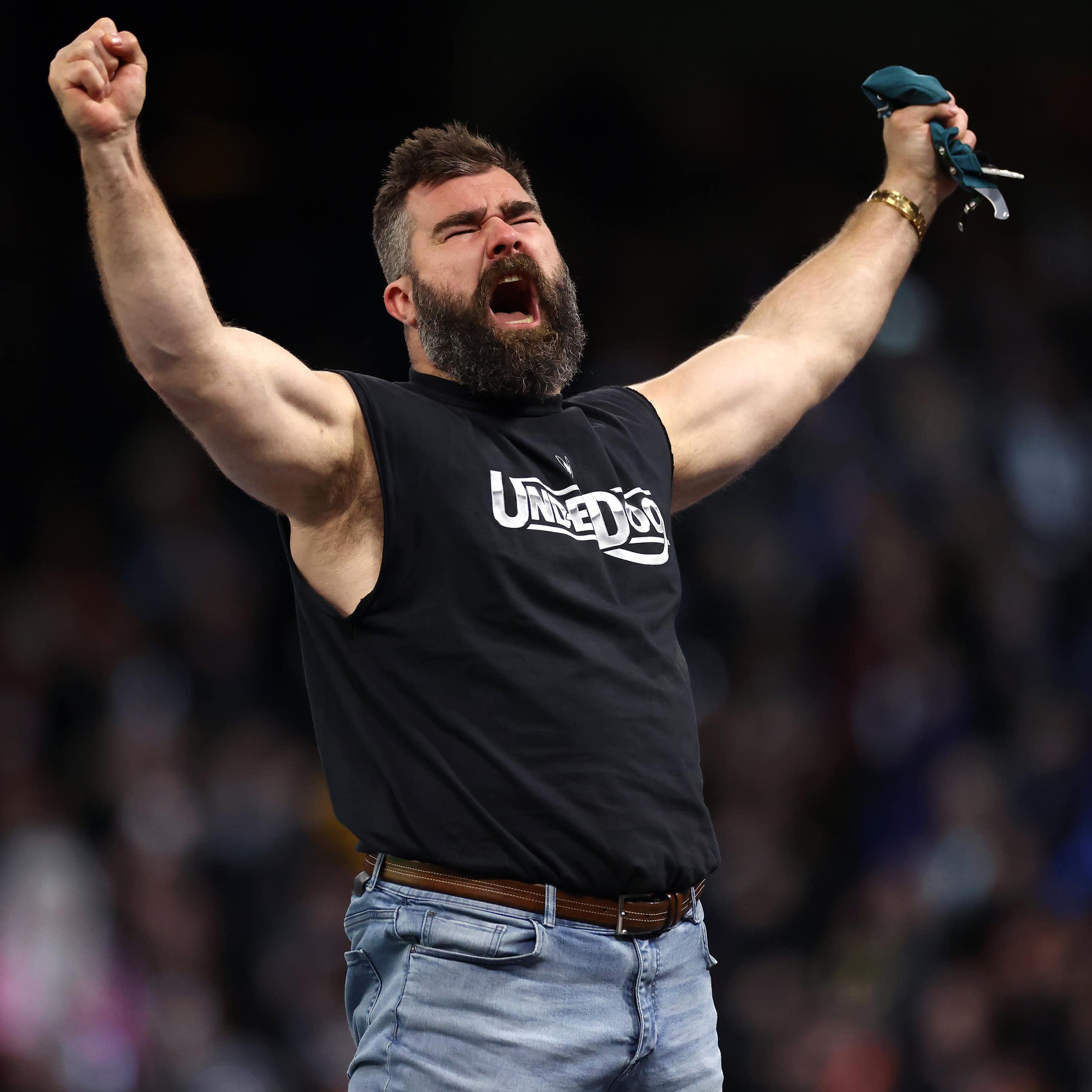 Former NFL player Jason Kelce reacts following a match during Night One of WrestleMania 40 in Philadelphia