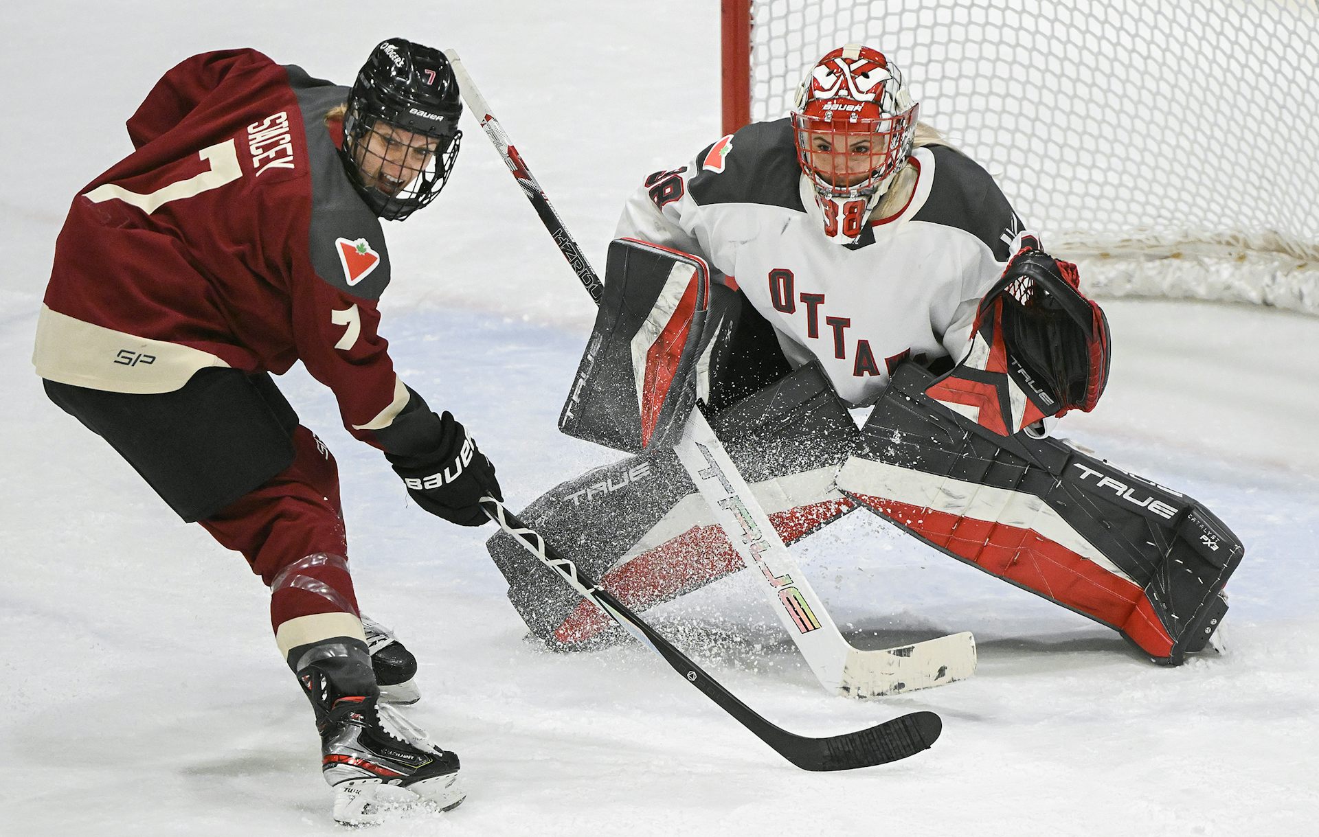 A hockey player in a maroon jersey looks off-screen while a goalie in a white, red and black uniform crouches down with a stick in front of them