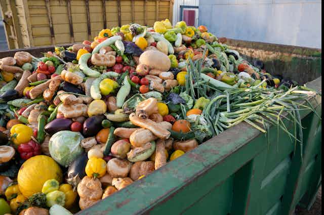 Vegetables piled in a garbage bin.