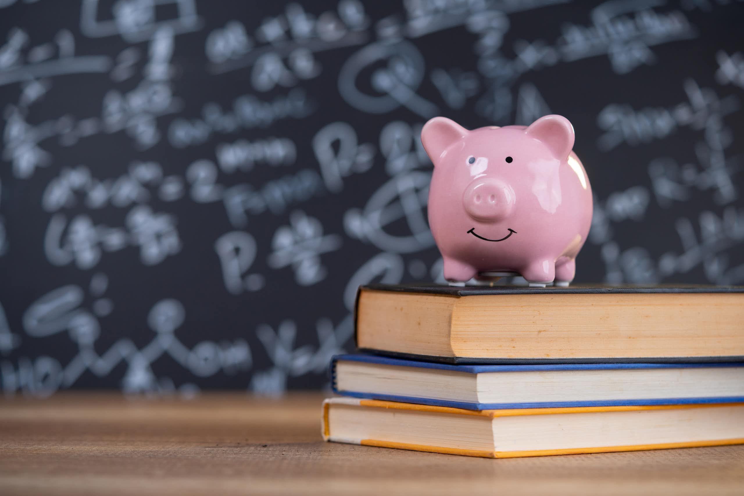 A pink piggy bank on a pile of books, with a blackboard in the background