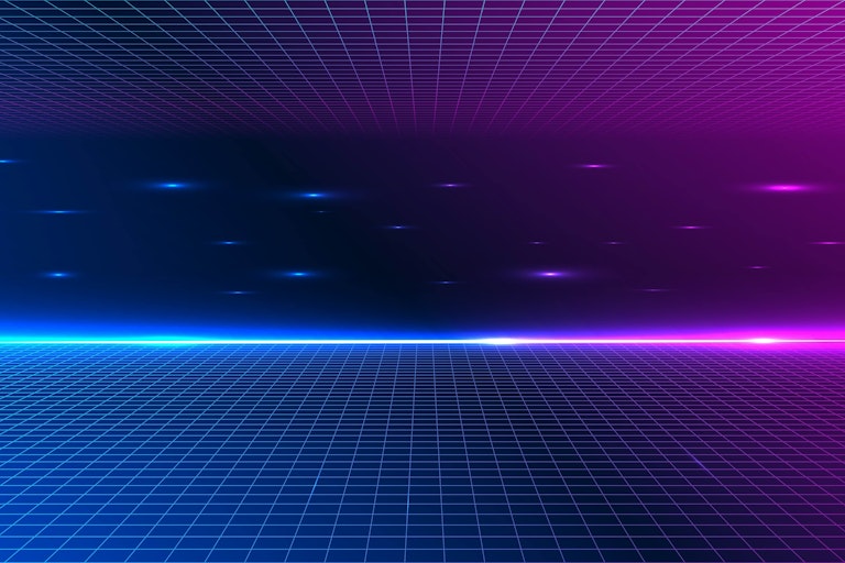 Retro scifi illustration showing an infinite glowing grid receding into the distance with smeared dots of light floating above it.